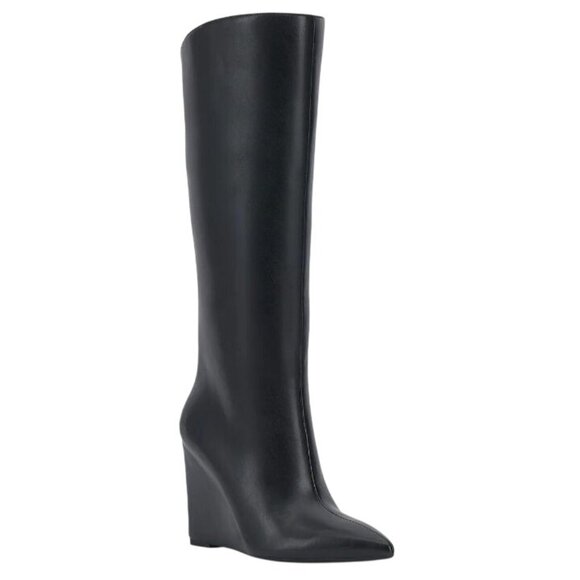 INC International Concepts Shoes - INC Appile Faux leather Pointed‎ toe Wedge Knee-High Boots in Black, Size 7.5